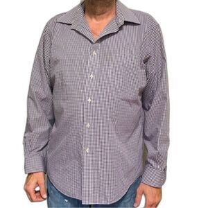 Lands End White Purple Black Gingham Cotton Button Down Long Sleeves Men 16.5